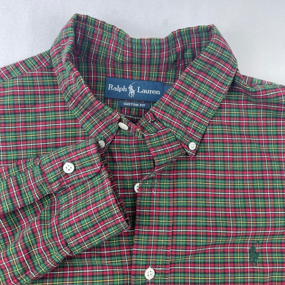Ralph Lauren Mens‎ Custom Fit Plaid Button Down Shirt Red Green Large 0233